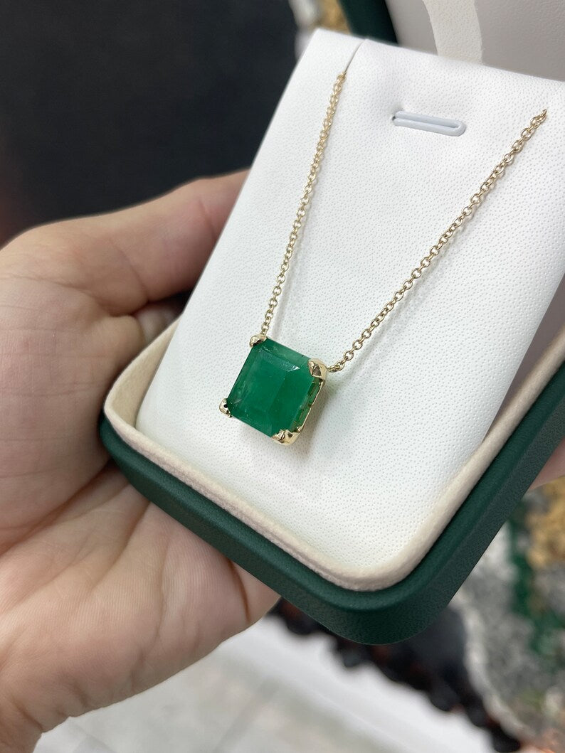 10.50 Carat 14K Gold Deep Green Large 14x14 Solitaire Square Emerald Stationary Anniversary Necklace - JR Colombian Emeralds