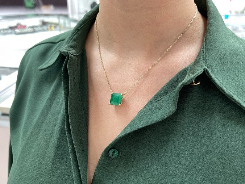 10.50 Carat 14K Gold Deep Green Large 14x14 Solitaire Square Emerald Stationary Anniversary Necklace - JR Colombian Emeralds