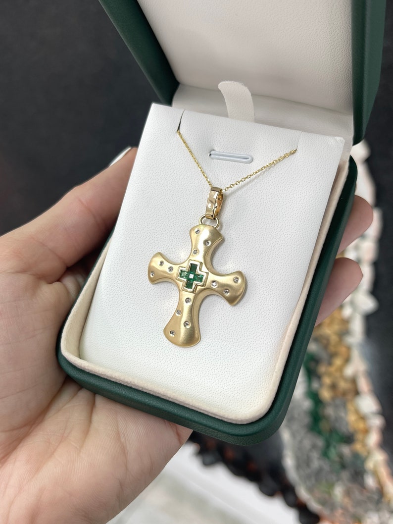 0.45tcw 14K Emerald Asscher Cut & Diamond Accent Cross Brushed Gold Finish Unisex Pendant Necklace - JR Colombian Emeralds