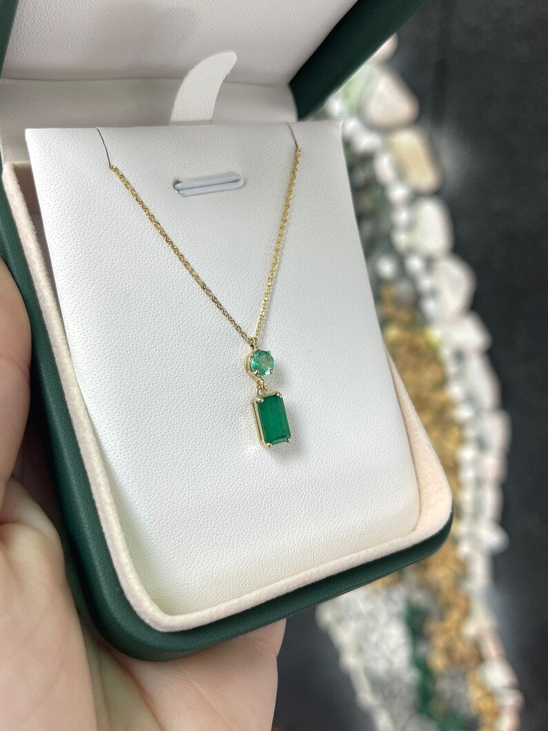 2.14tcw 14K Gold Vertical Emerald Cut and Round Dangle 4 Prong Pendant Necklace - JR Colombian Emeralds