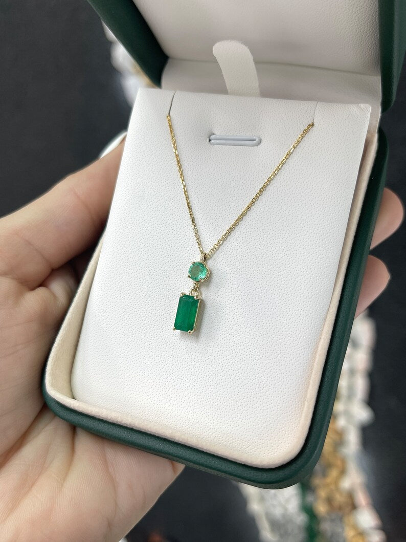 2.14tcw 14K Gold Vertical Emerald Cut and Round Dangle 4 Prong Pendant Necklace