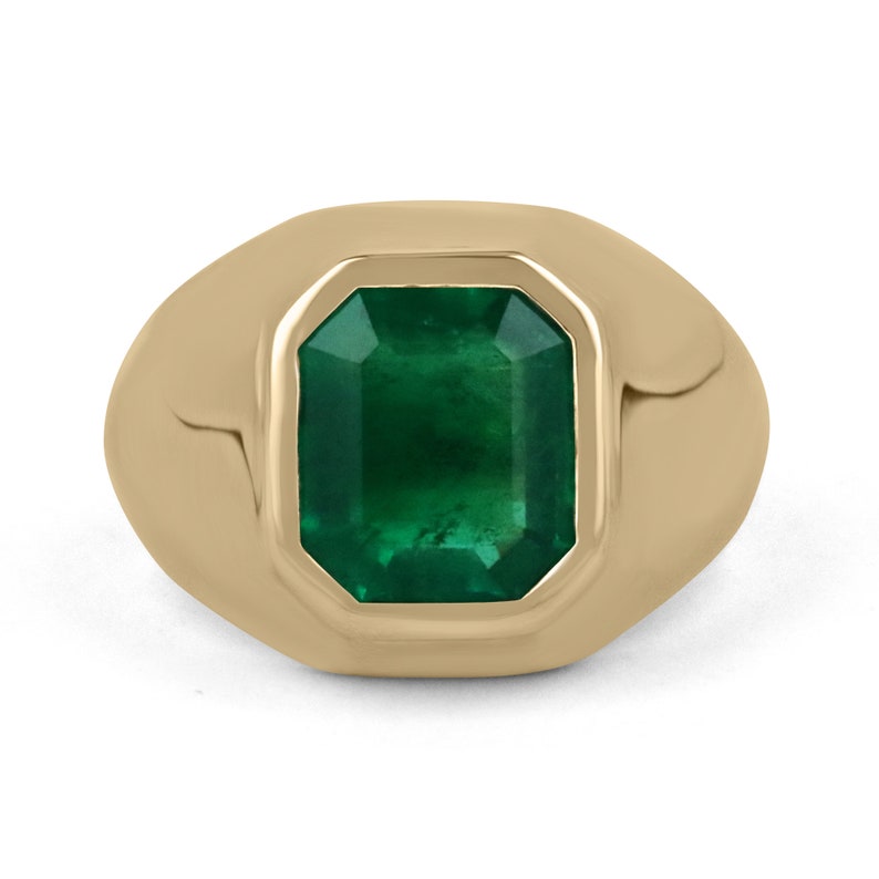 Vivid Dark Green Colombian Emerald Cut Unisex Solitaire Gold Ring