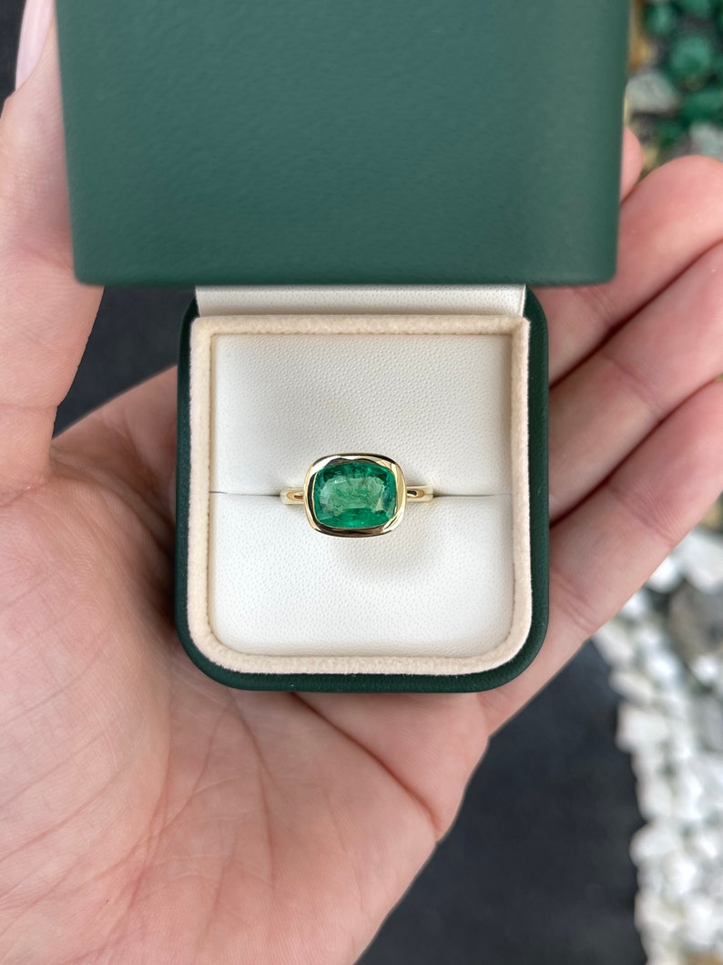 3.48ct 18K Vivid Green Horizontal Contemporary East To West Bezel Cushion Emerald Engagement  Ring - JR Colombian Emeralds