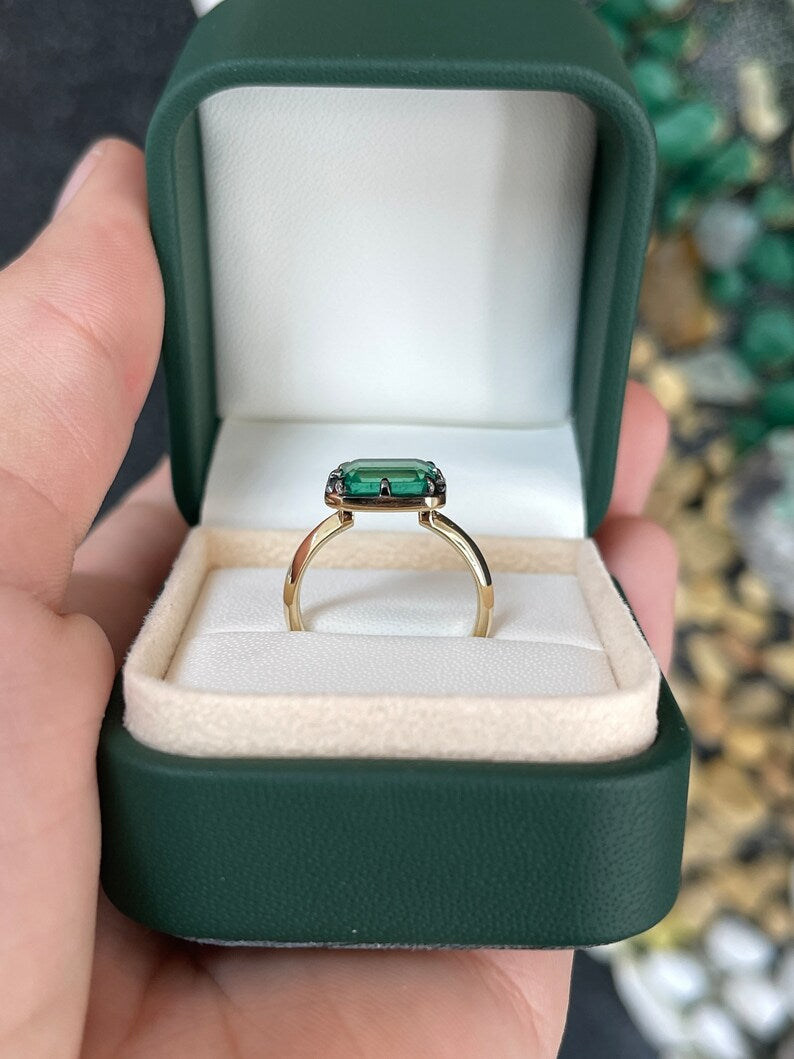 1.85ct 14K Emerald Cut Georgian Style Bluish Green Collet Solitaire East to West 8 Prong Ring
