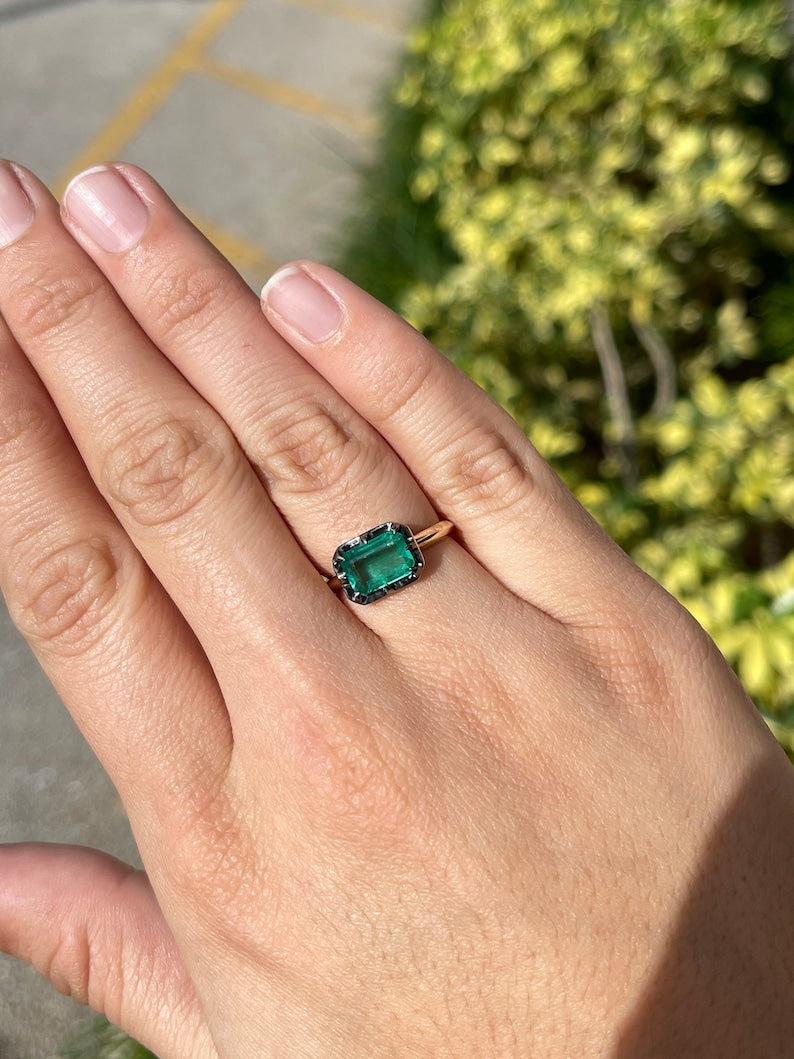 1.85ct 14K Emerald Cut Georgian Style Bluish Green Collet Solitaire East to West 8 Prong Ring - JR Colombian Emeralds