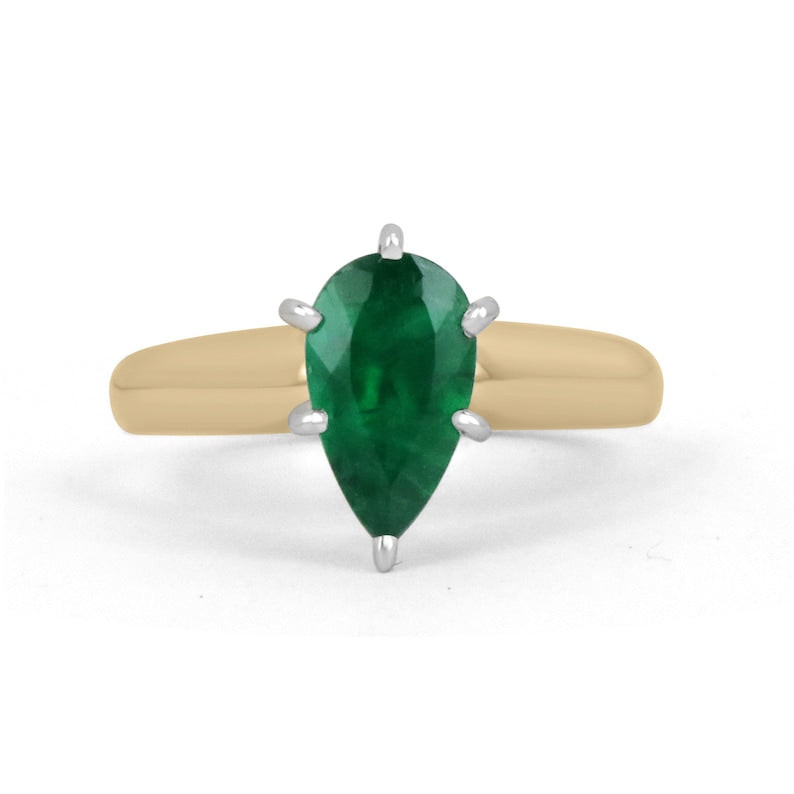 Timeless Beauty: 1.06ct Dark Green Pear Real Emerald Solitaire Prong Promise Ring in 14K Gold
