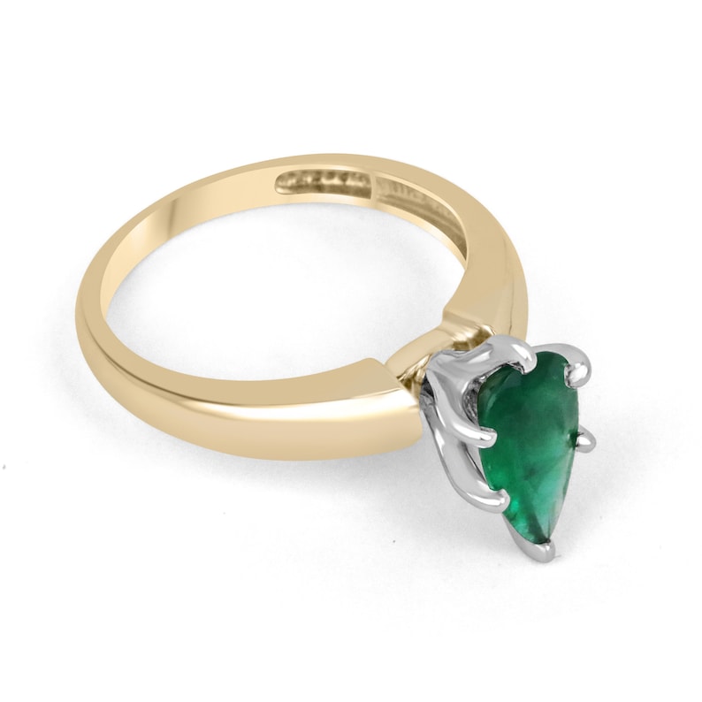 Radiant 14K Gold Ring with 1.06ct Dark Green Pear Real Emerald Solitaire - Elegance Redefined