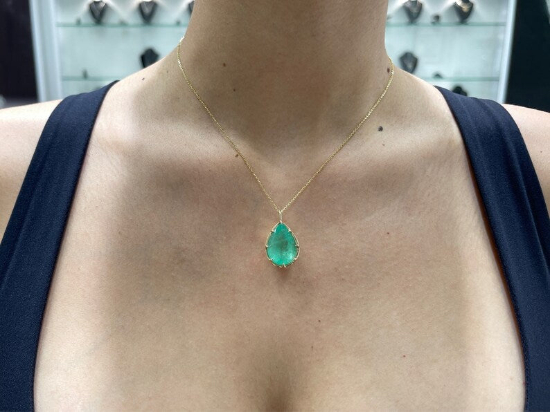 16.15ct 14K Massive Pear Cut Spring Green Pear Teardrop Emerald 8 Claw Prong Pendant Necklace - JR Colombian Emeralds