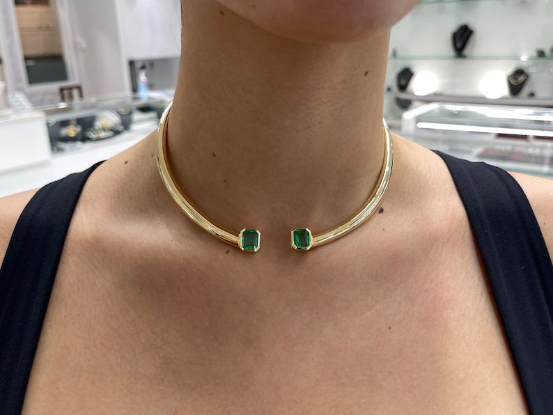 5.24tcw 18K Yellowish-Green Emerald Cut Duo Choker Collar Omega Necklace - JR Colombian Emeralds