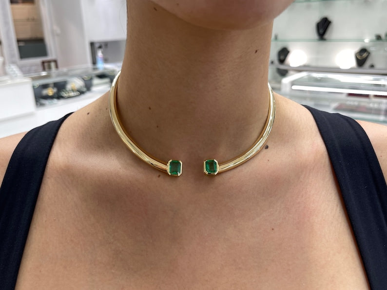 5.24tcw 18K Yellowish-Green Emerald Cut Duo Choker Collar Omega Necklace