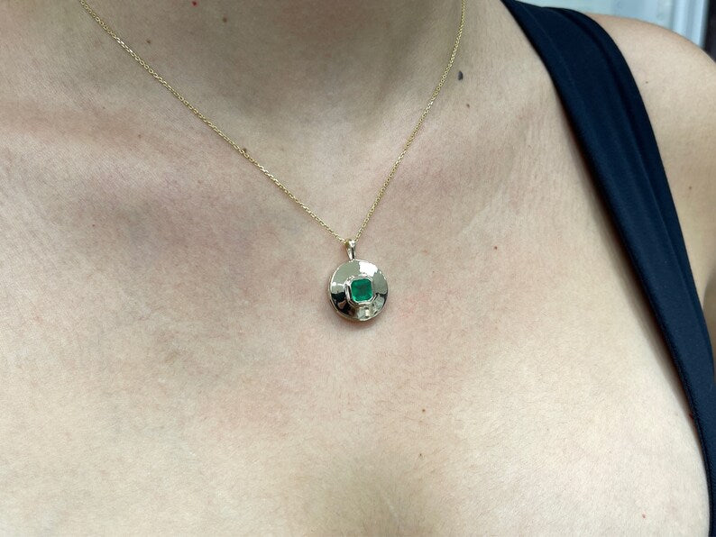 1.15ct 14K Dark Rich Green Natural Solitaire Asscher Emerald Cut Pendant Necklace