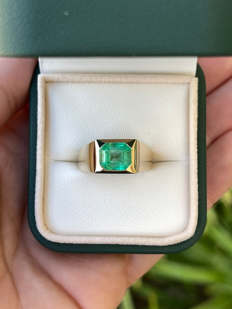 2.66cts 14K Colombian Emerald Unisex Asscher Cut Solitaire Bold Bezel Gypsy Ring - JR Colombian Emeralds