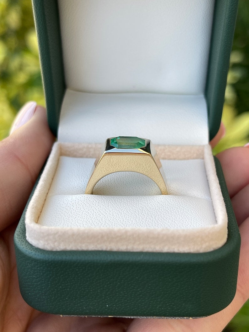 2.66cts 14K Colombian Emerald Unisex Asscher Cut Solitaire Bold Bezel Gypsy Ring - JR Colombian Emeralds