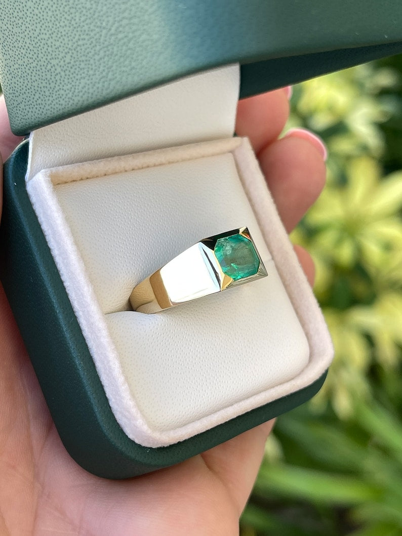 2.66cts 14K Colombian Emerald Unisex Asscher Cut Solitaire Bold Bezel Gypsy Ring - JR Colombian Emeralds