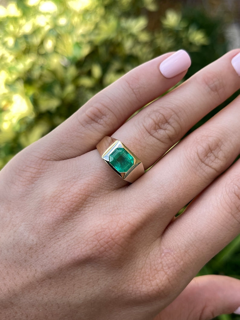 2.66cts 14K Colombian Emerald Unisex Asscher Cut Solitaire Bold Bezel Gypsy Ring - JR Colombian Emeralds