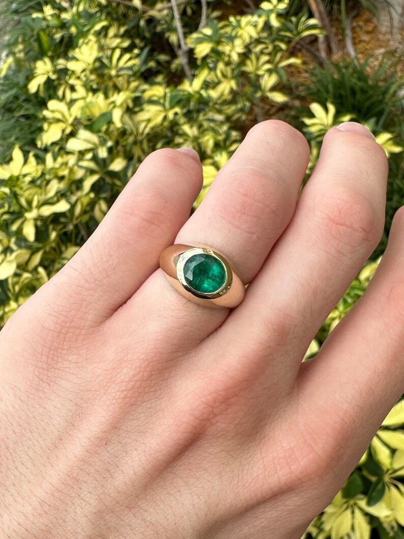 2.30ct 18K Dark Green Earth Mined Round Mens Emerald Bezel Solitaire Solid Yellow Gold Pinky Ring