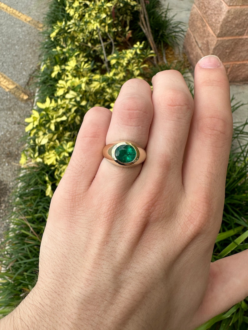 2.30ct 18K Dark Green Earth Mined Round Mens Emerald Bezel Solitaire Solid Yellow Gold Pinky Ring - JR Colombian Emeralds