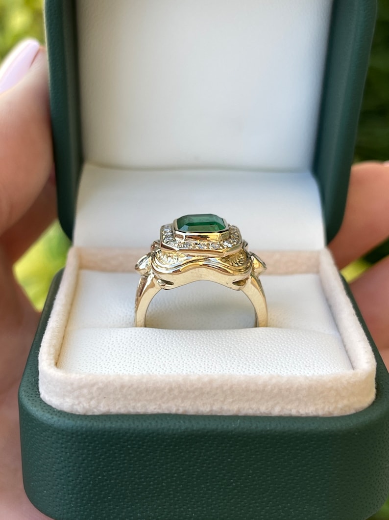 2.17tcw 14K Intense Dark Green Emerald Cut & Mid Century Diamond Statement Ring - JR Colombian Emeralds