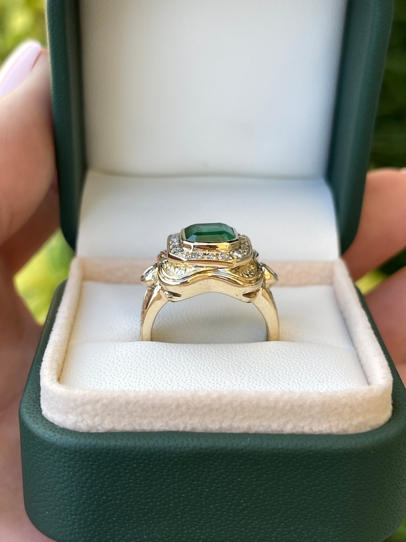2.17tcw 14K Intense Dark Green Emerald Cut & Mid Century Diamond Statement Ring