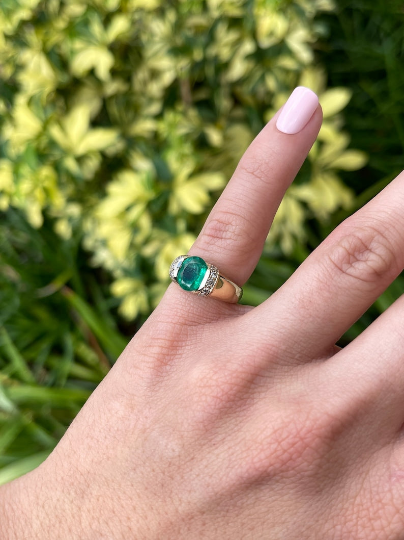 2.22tcw 14K Genuine Oval Cut Deep Medium Dark Green Emerald & Diamond Accent Tension Set Ring - JR Colombian Emeralds