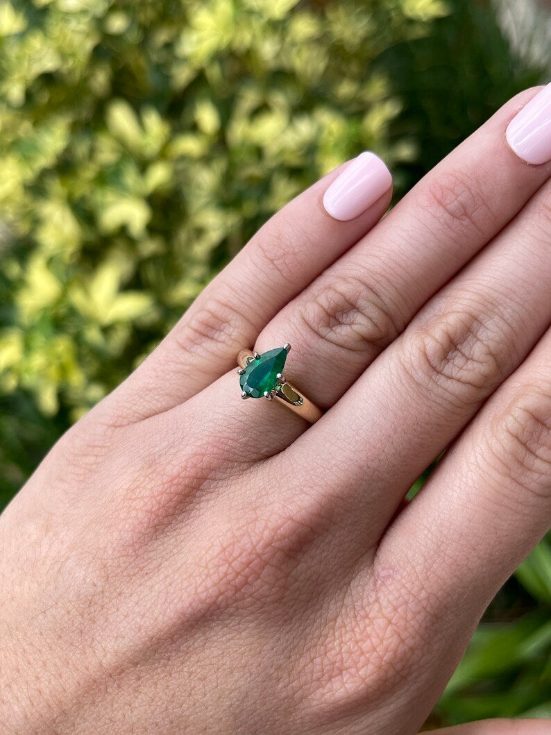 1.06 Carat Classic Pear Cut Natural Brazilian Emerald Solitaire Six Prong 14K - JR Colombian Emeralds