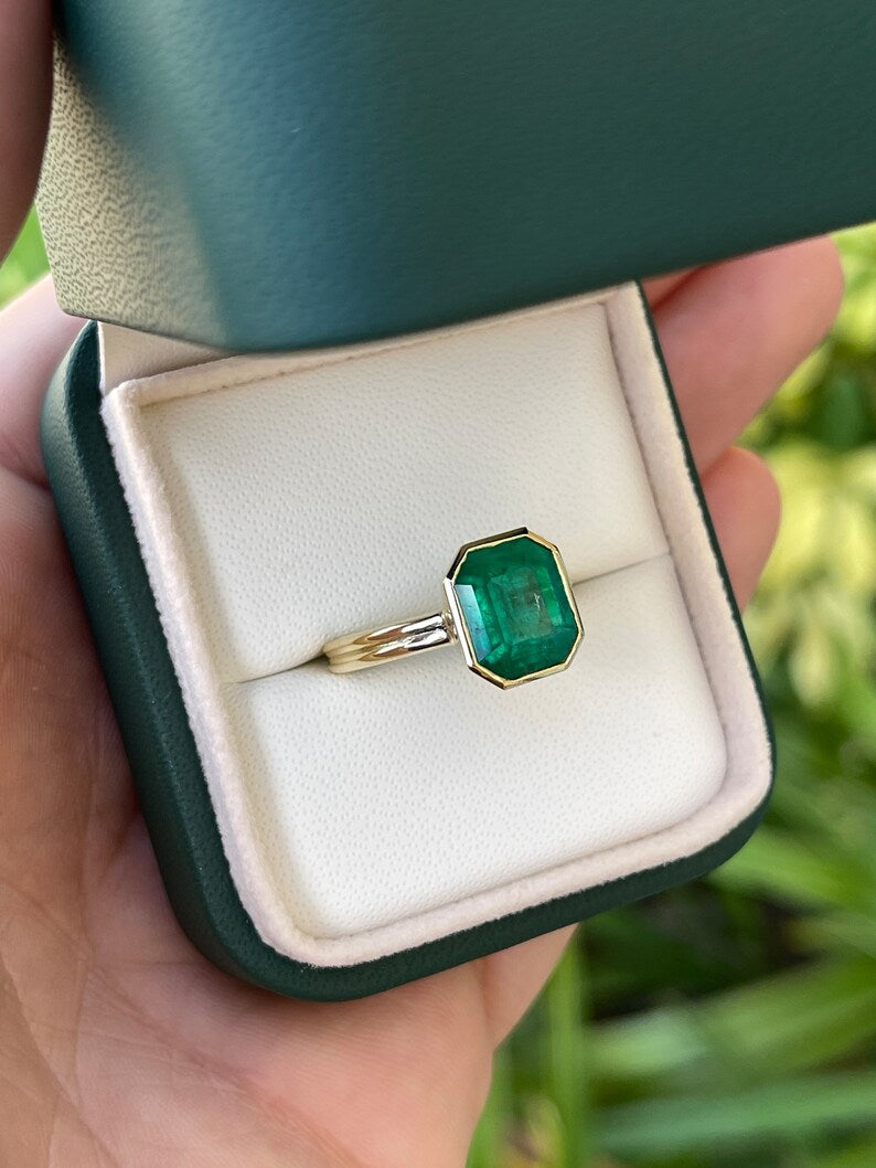 3.20ct AAA 18K Muzo Emerald Double Shank Green Solitaire Bezel Anniversary Engagement Ring - JR Colombian Emeralds