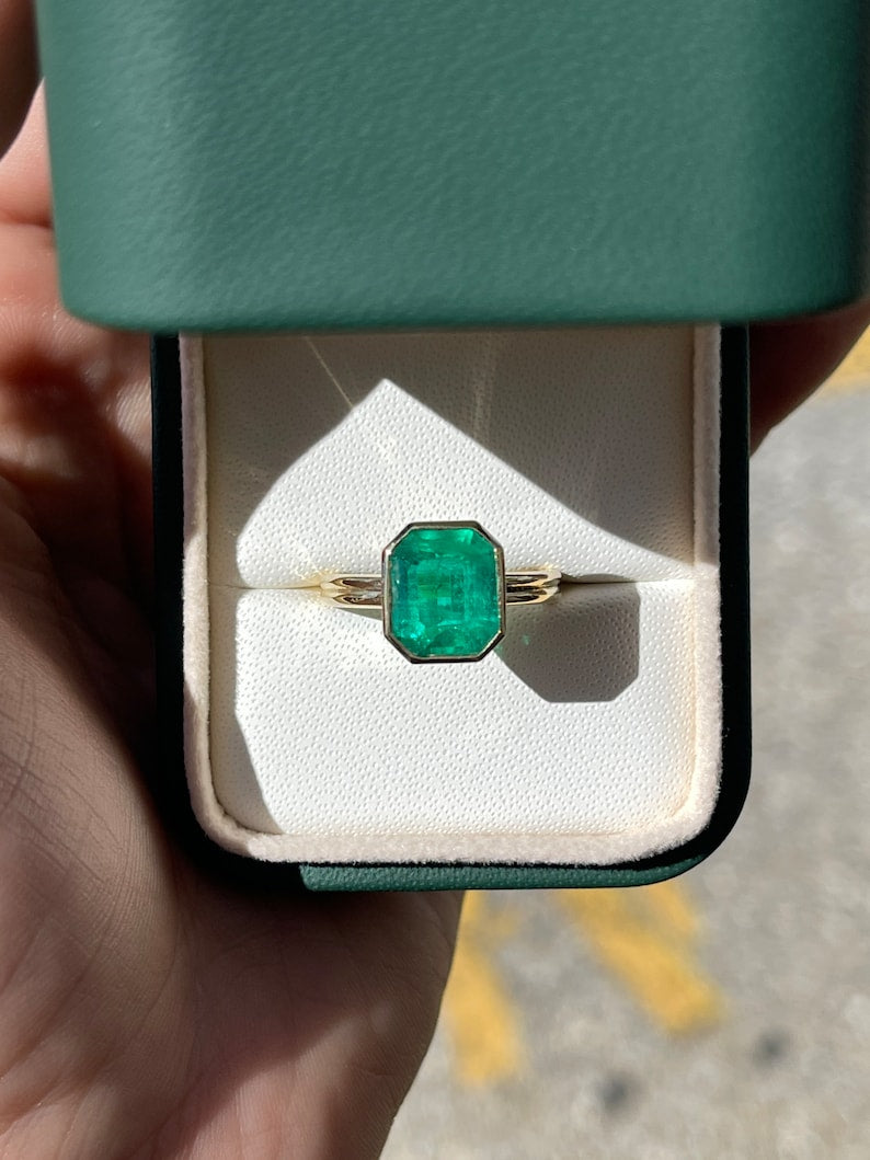 3.20ct AAA 18K Muzo Emerald Double Shank Green Solitaire Bezel Anniversary Engagement Ring - JR Colombian Emeralds