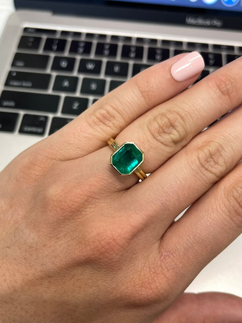 3.20ct AAA 18K Muzo Emerald Double Shank Green Solitaire Bezel Anniversary Engagement Ring