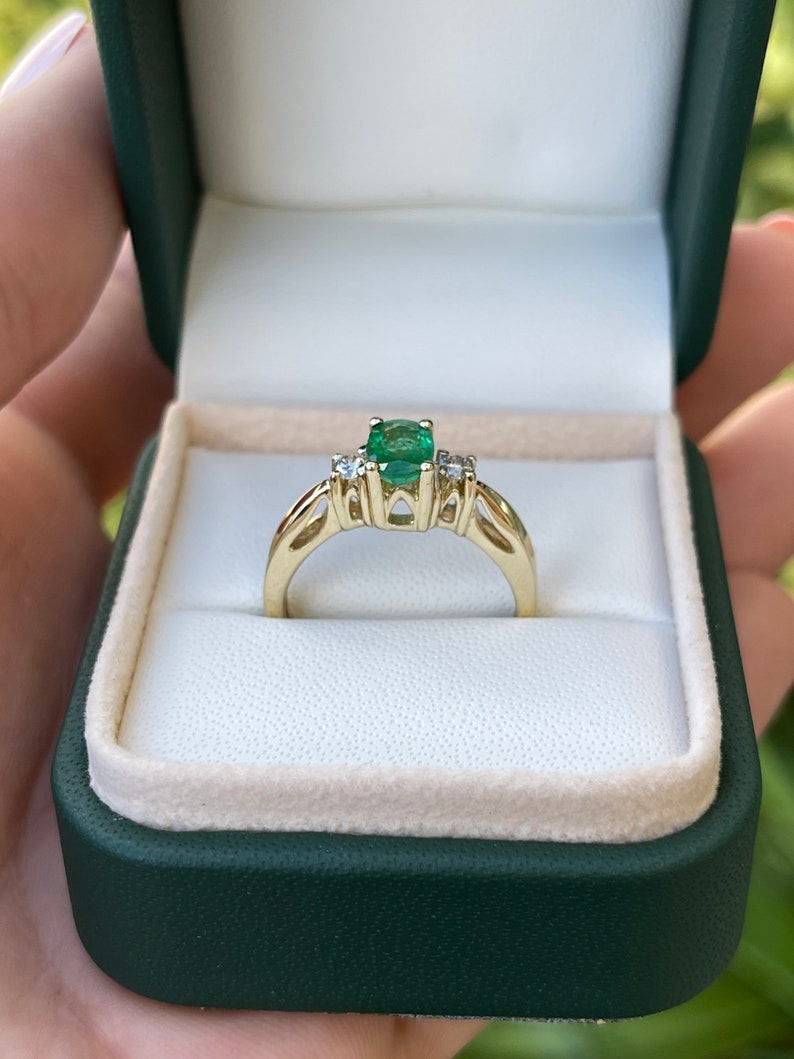 1.34tcw Natural Medium Dark Vivid Green Emerald Diamond Three Stone Ring 14K - JR Colombian Emeralds