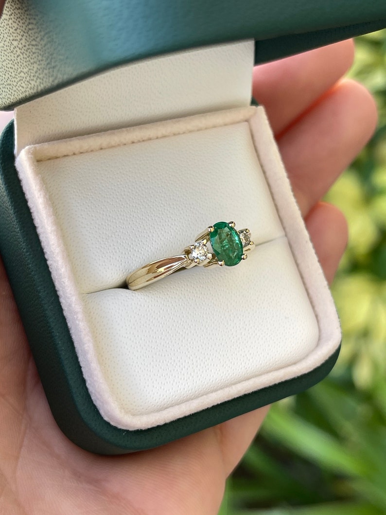 1.34tcw Natural Medium Dark Vivid Green Emerald Diamond Three Stone Ring 14K - JR Colombian Emeralds