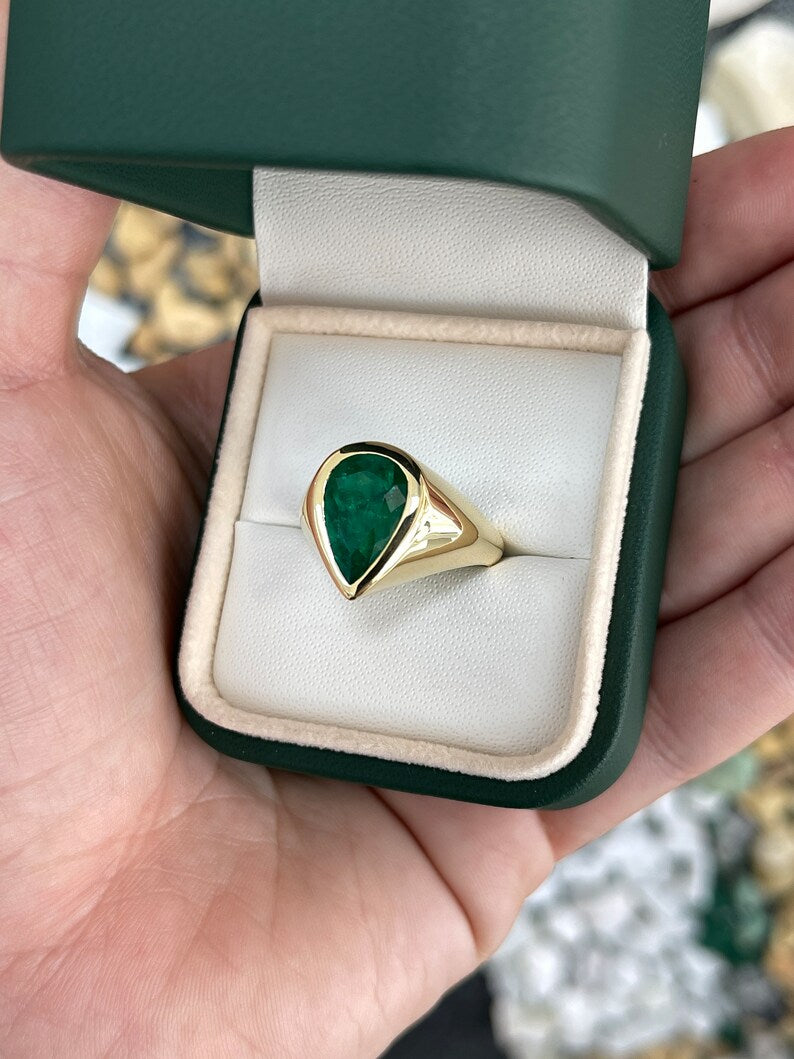 3.55cts 18K AAA+ Bezel Teardrop Gypsy Colombian Emerald Gold Solitaire Pear Ring - JR Colombian Emeralds