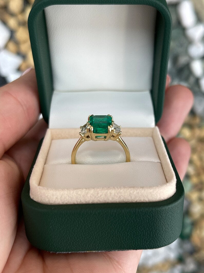 3.69tcw 18K AAA Grade Three Stone Emerald & Trapezoid Diamond Ring