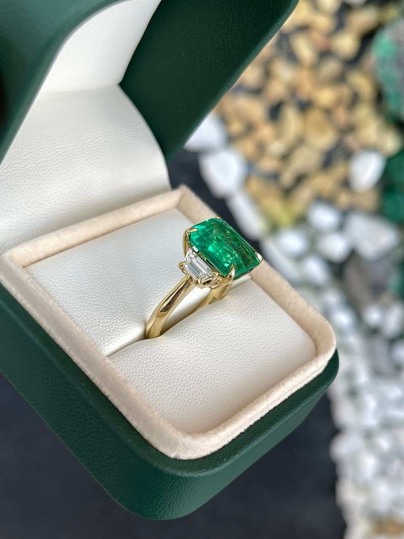 18K Gold 3 Stone Engagement Ring with Colombian Emeralds and Diamonds