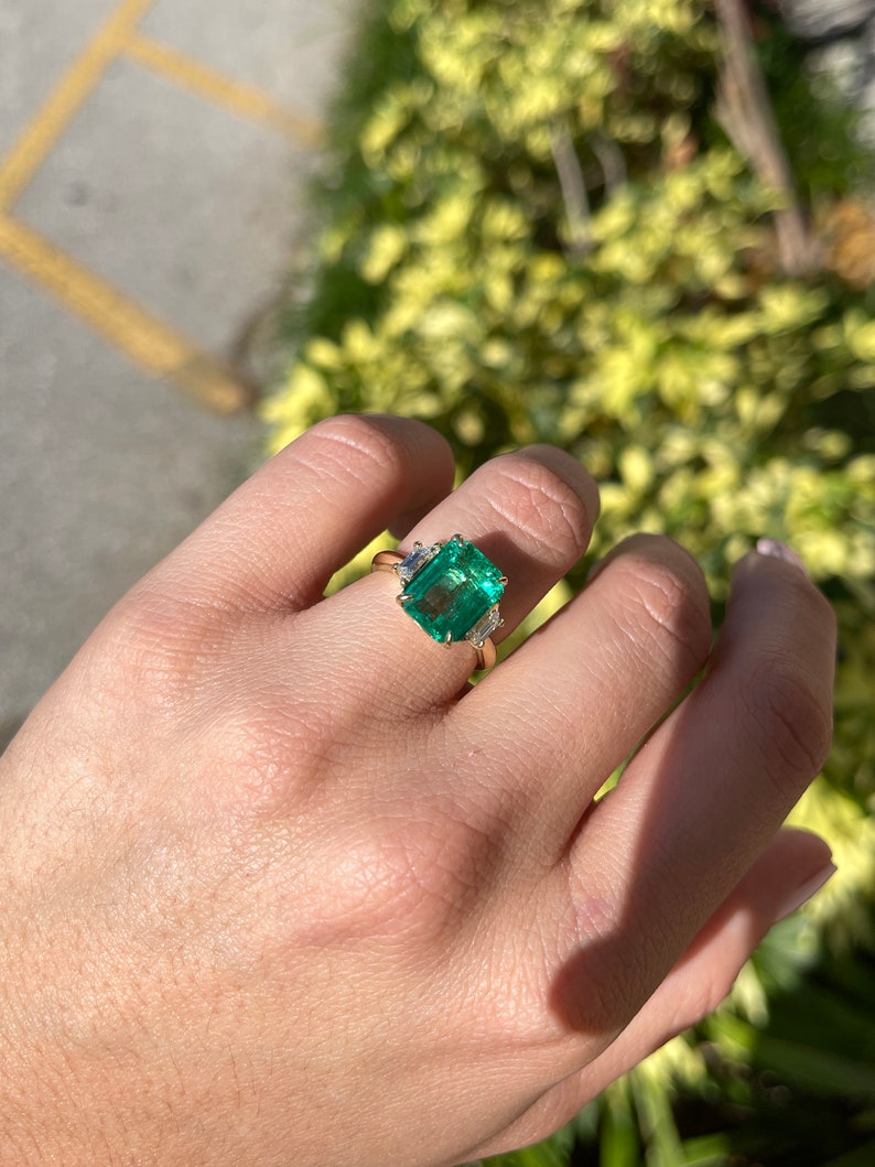 4.80tcw 18K 3 Stone AAA Quality Heirloom Colombian Emerald & Trapezoid Diamond Engagement Ring