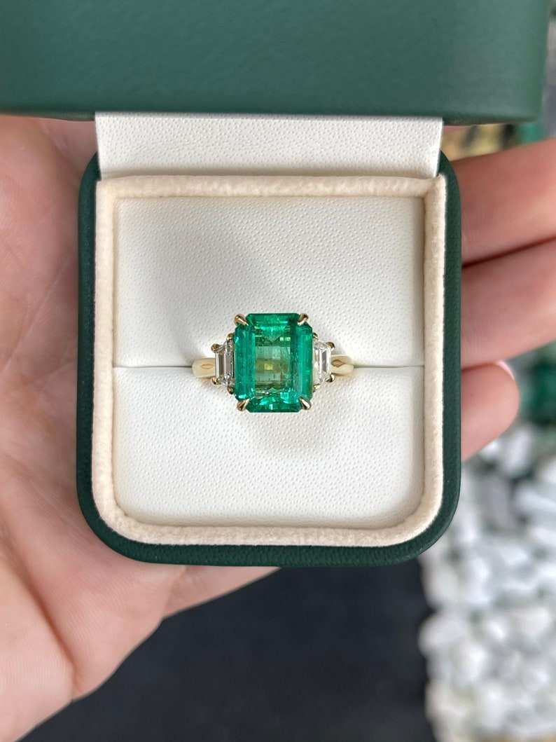 4.80tcw 18K 3 Stone AAA Quality Heirloom Colombian Emerald & Trapezoid Diamond Engagement Ring