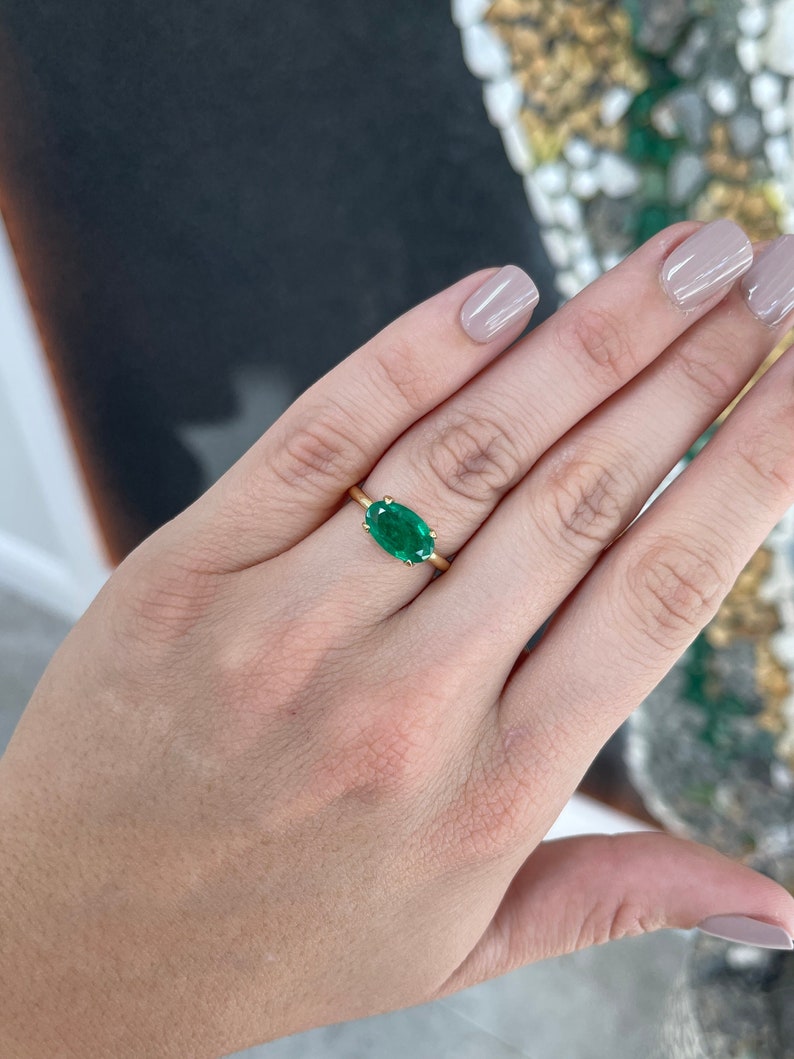 2.71ct 18K Natural East to West Set Oval Cut Dark Forest Green Emerald Prong Set Solitaire Yellow Gold Ring - JR Colombian Emeralds