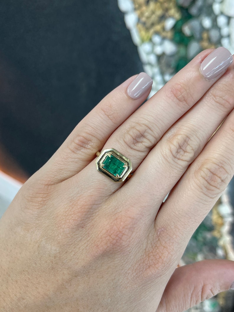 2.30ct 14K Natural East to West Dark Forest Green Emerald Cut Solitaire Yellow Gold Ring - JR Colombian Emeralds