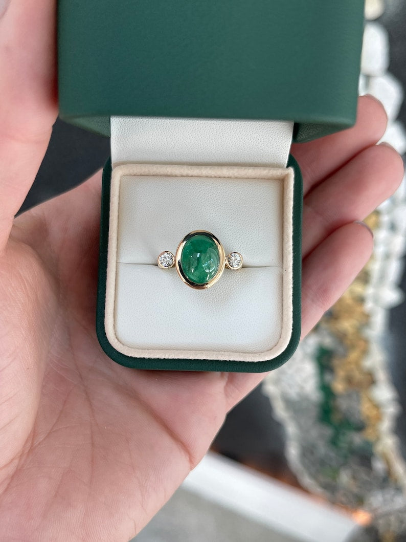 5.94tcw 14K Oval Emerald Cabochon & Diamond Vertically Set Dark Green Three Stone Gold Ring - JR Colombian Emeralds