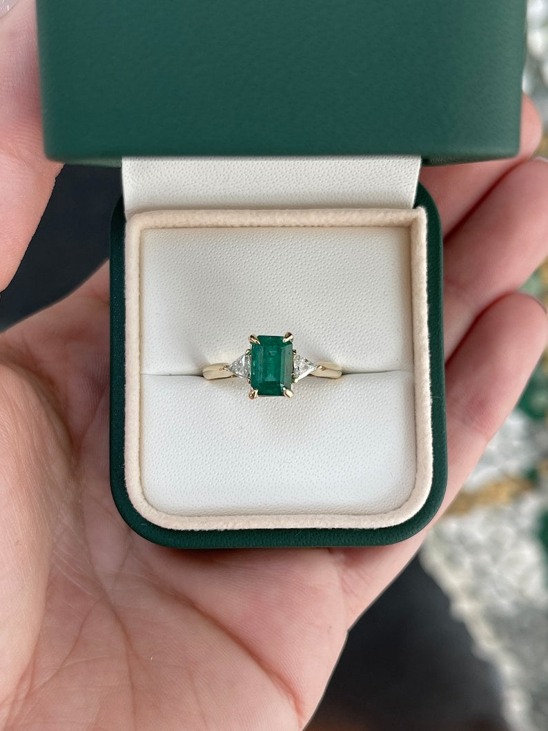 2.76tcw 14K Emerald Trillion Cut & Diamond Three Stone Prong Gold Engagement Ring - JR Colombian Emeralds