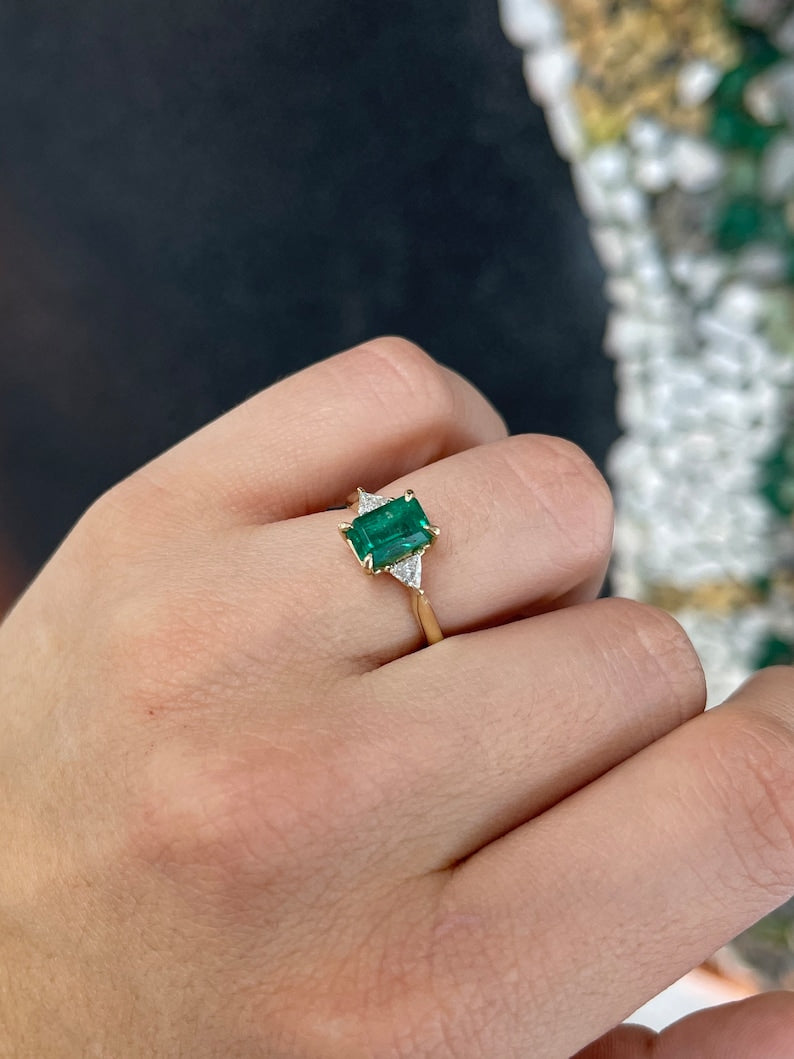 2.76tcw 14K Emerald Trillion Cut & Diamond Three Stone Prong Gold Engagement Ring - JR Colombian Emeralds