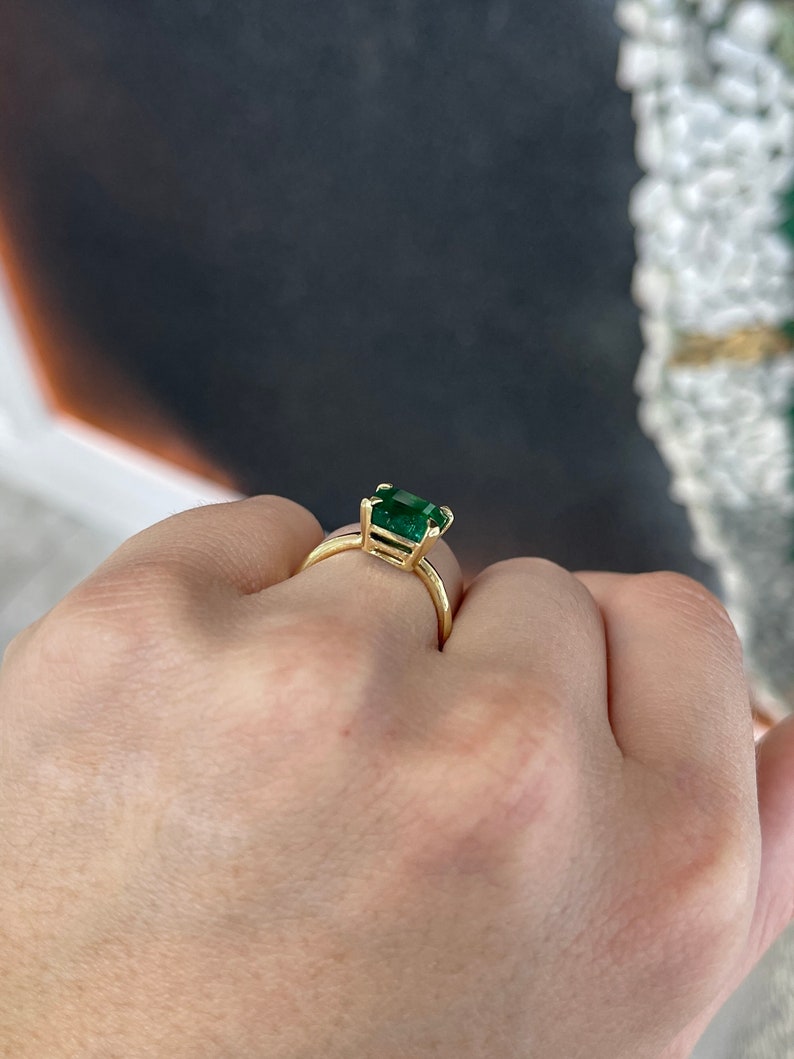 3.85ct 18K Modern Mossy Dark Green Emerald Asscher Cut Solitaire Four Prong Gold Engagement Ring - JR Colombian Emeralds