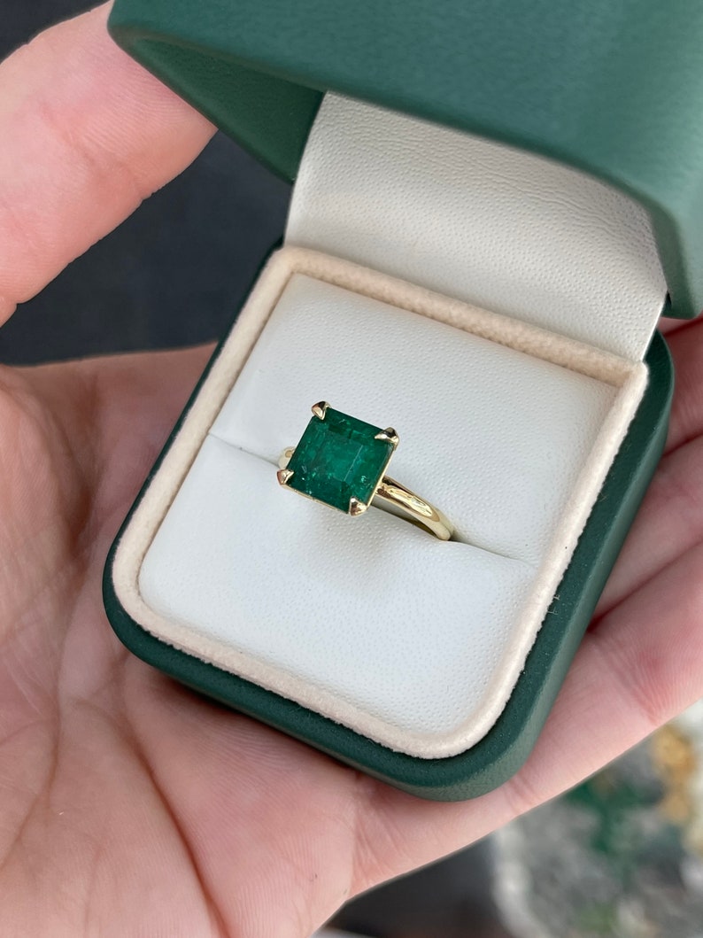 3.85ct 18K Modern Mossy Dark Green Emerald Asscher Cut Solitaire Four Prong Gold Engagement Ring - JR Colombian Emeralds