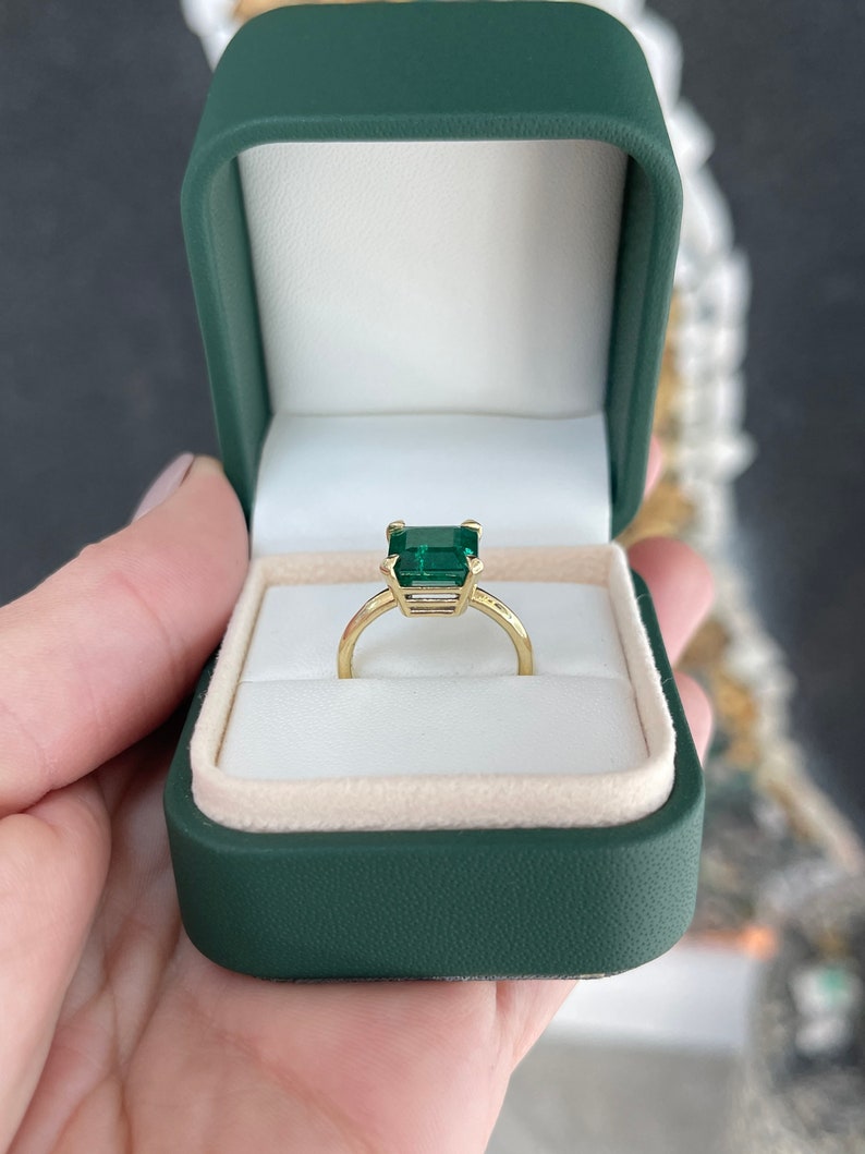 3.85ct 18K Modern Mossy Dark Green Emerald Asscher Cut Solitaire Four Prong Gold Engagement Ring - JR Colombian Emeralds