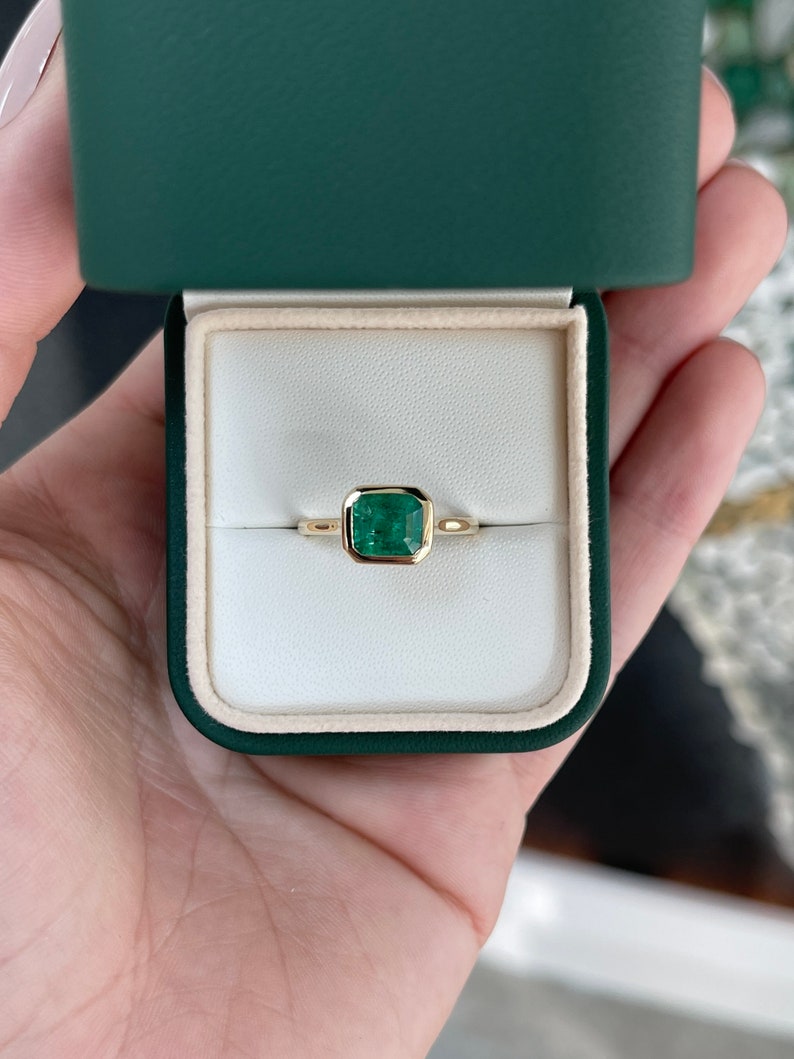 2.20ct 14K Gold Natural East To West Emerald Cut E-W Solitaire Bezel Ring - JR Colombian Emeralds