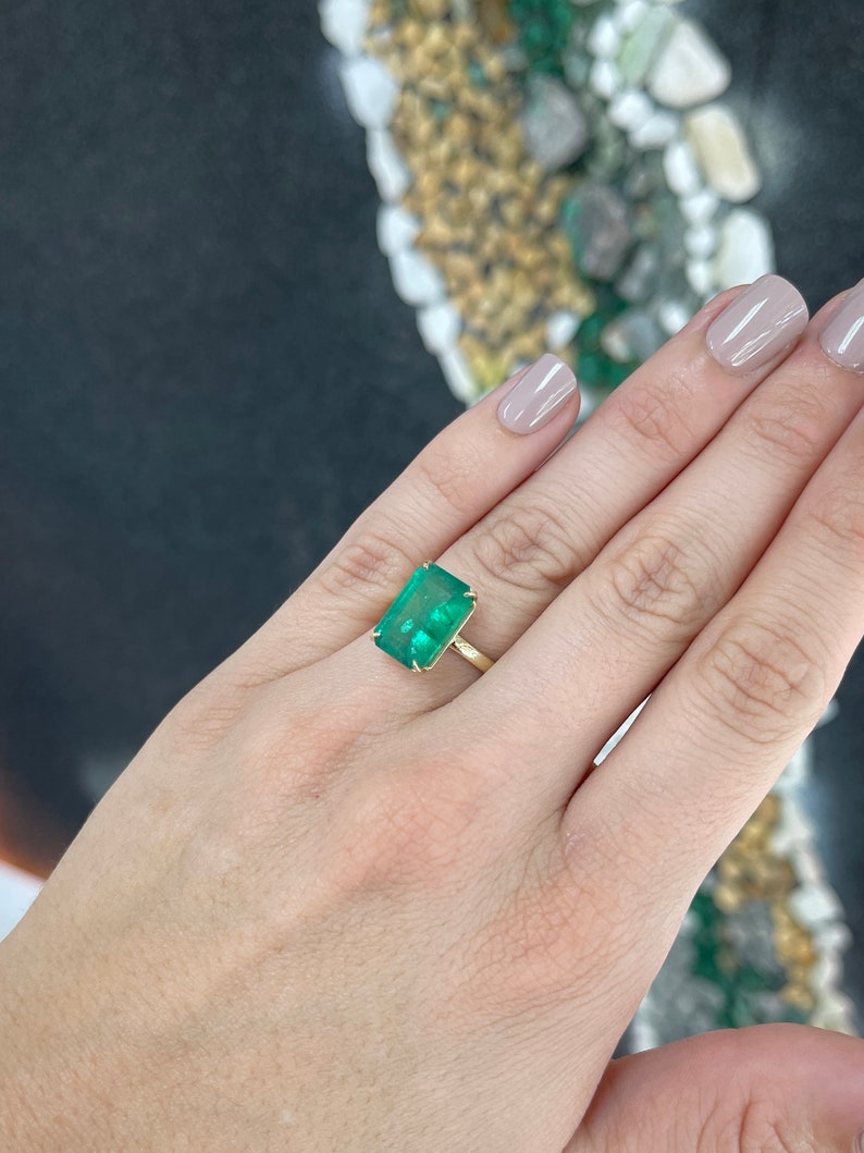 6.26 Carat 18K Large Elongated Emerald Cut Four Prong Dark Mossy Green Solitaire Engagement Ring - JR Colombian Emeralds