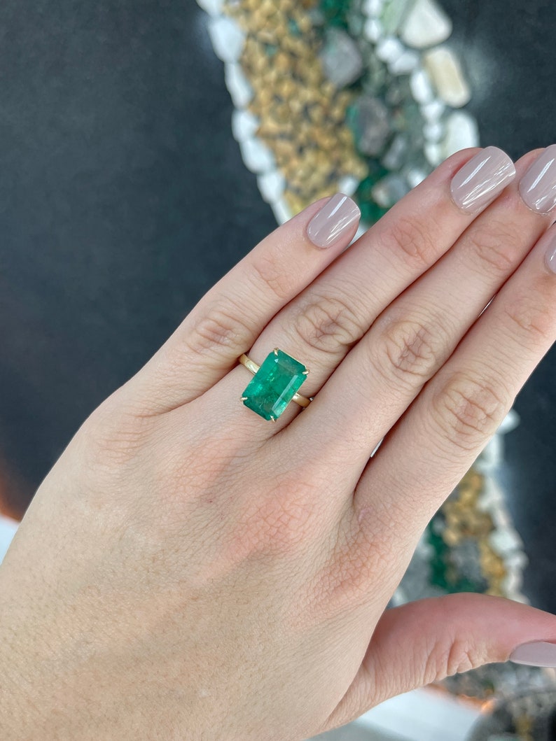 6.26 Carat 18K Large Elongated Emerald Cut Four Prong Dark Mossy Green Solitaire Engagement Ring - JR Colombian Emeralds