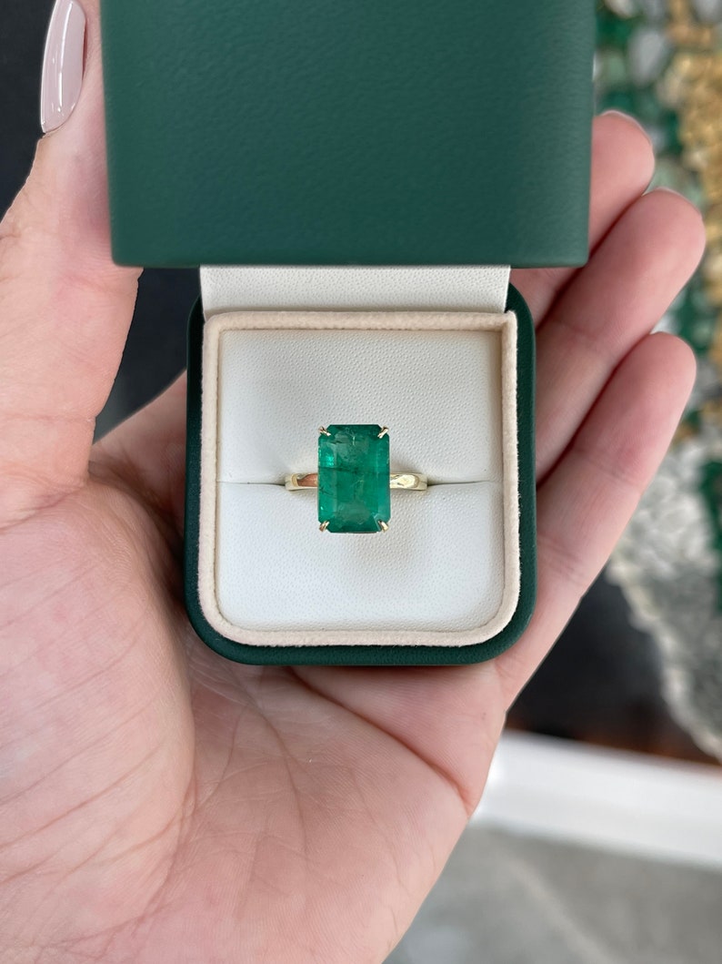 6.26 Carat 18K Large Elongated Emerald Cut Four Prong Dark Mossy Green Solitaire Engagement Ring - JR Colombian Emeralds