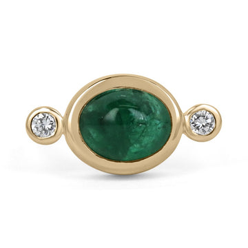 High Quality Dark Green Emerald Cabochon & Diamond Accent Three Stone Ring