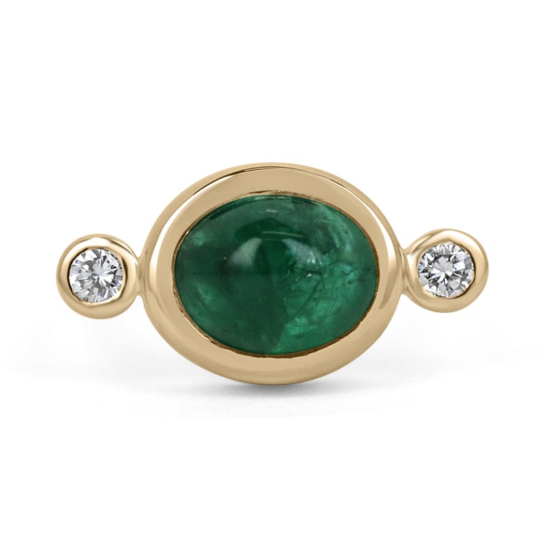 High Quality Dark Green Emerald Cabochon & Diamond Accent Three Stone Ring