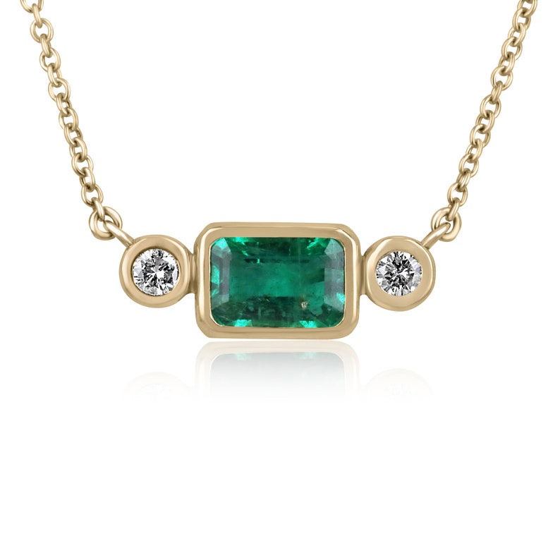 Emerald & Round Cut Diamond Side Stones Bezel Necklace